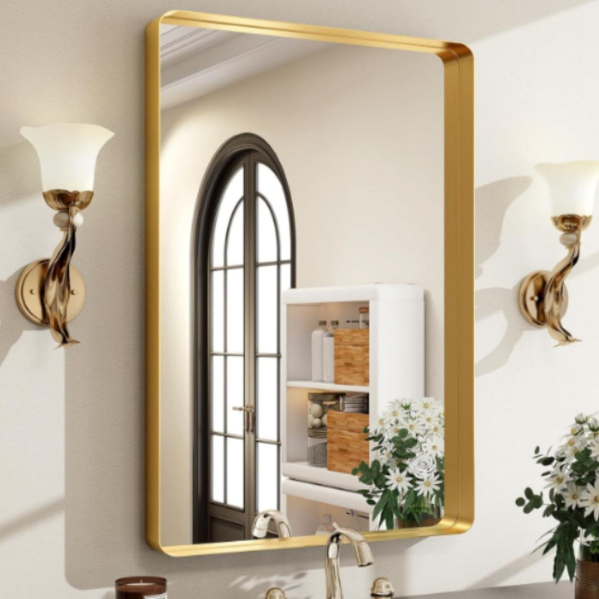 Rectangular Metal Framed Wall Mirror, Gold and Silver Frame, 22x30 and 24x36 in., for Bathroom — detail view 2