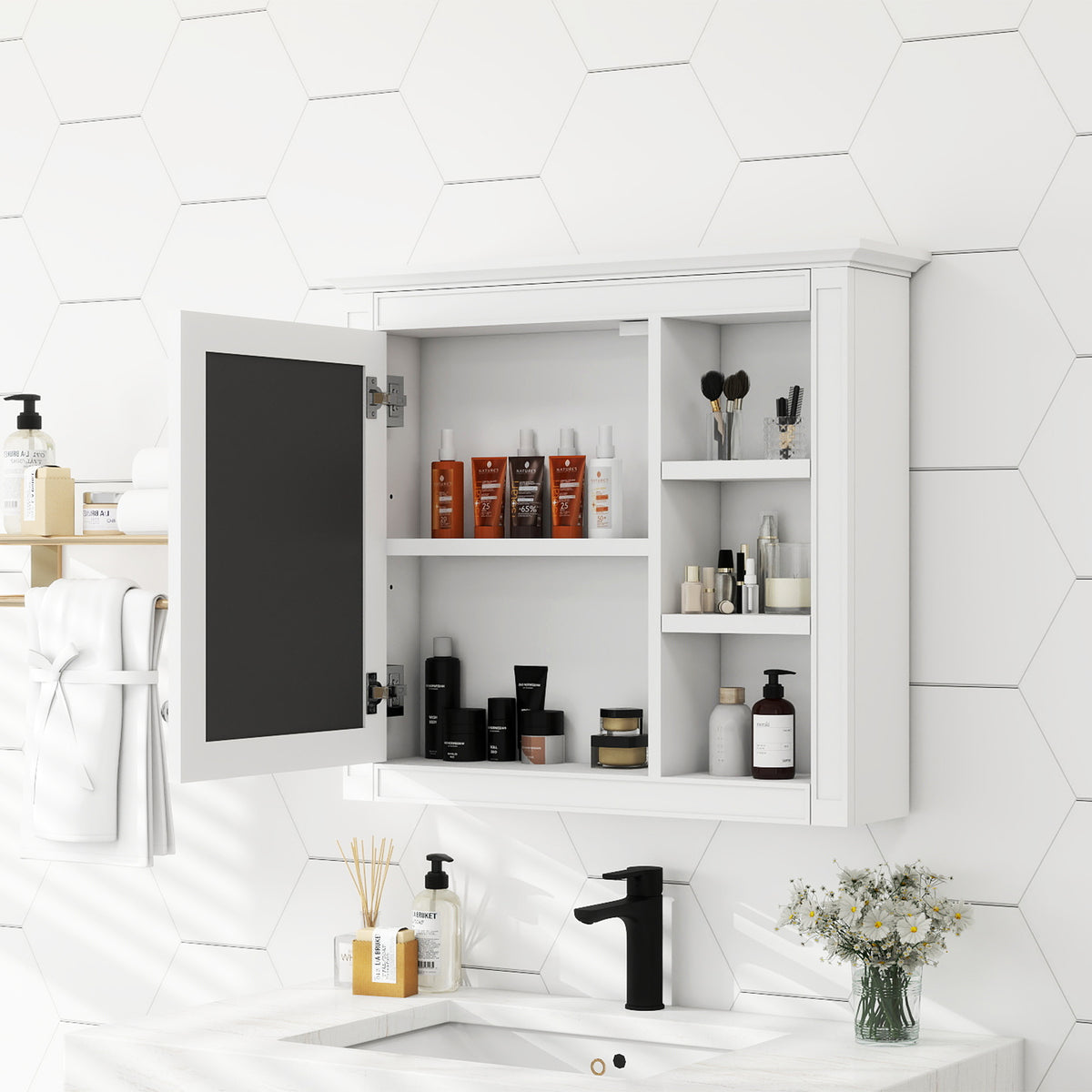 Modern Wall-Mounted Bathroom Medicine Cabinet with Mirror, White Storage Cabinet, 30 x 28 in. — detail view