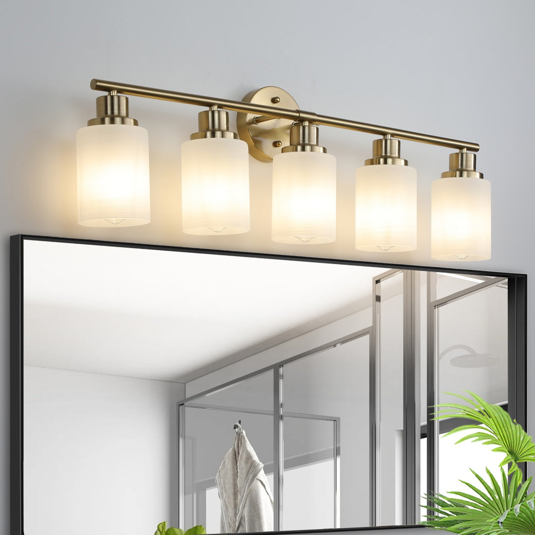 Modern 5-Light Vanity Wall Sconce, Frosted Glass Shades, Gold Finish, 31 in., for Bathroom — detail view 2