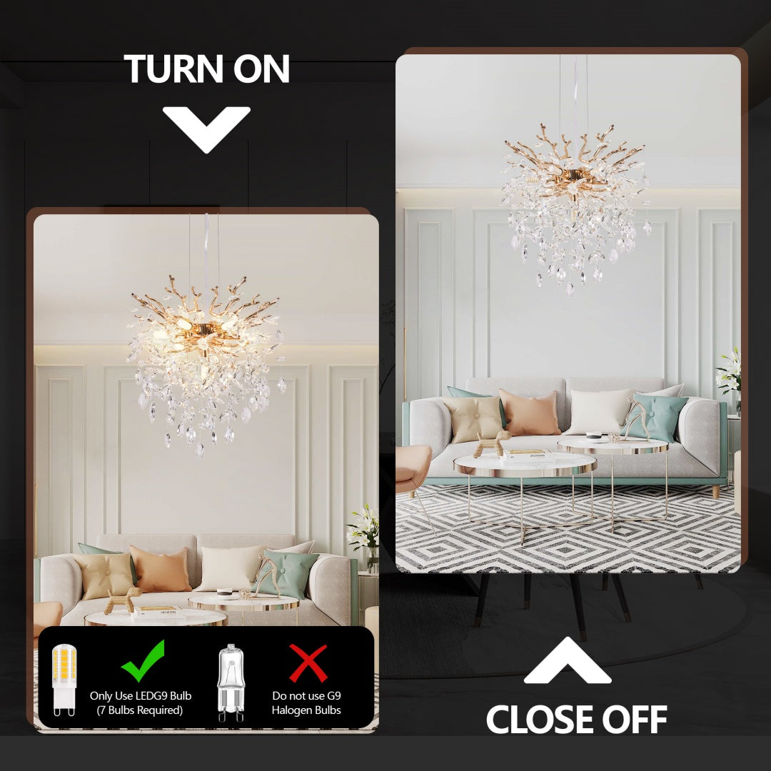 7-Light Gold Tree Branch Crystal Chandelier, 18 In. Wide