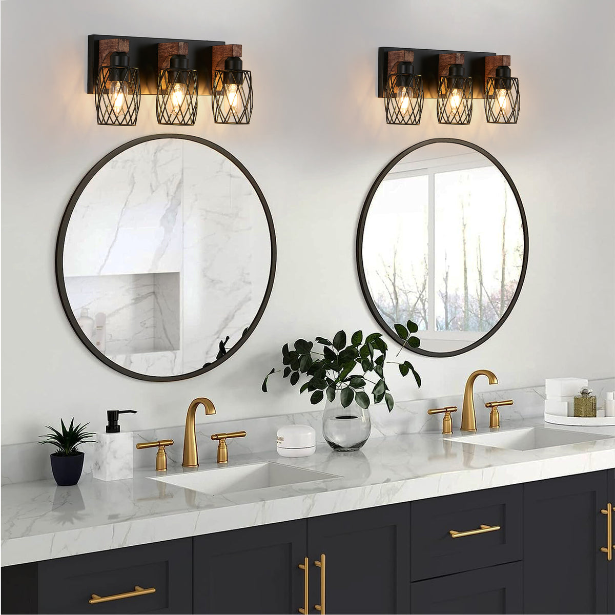 Industrial Vintage 3-Light Wall Sconce, Wire Cage Shades with Wood Accents, Black, 18 in. for Bathroom Vanity — detail view 2