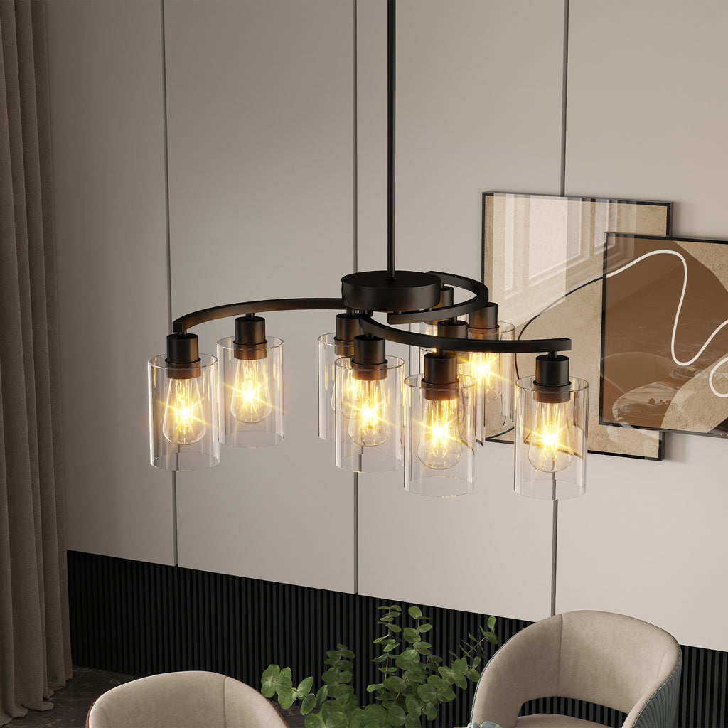 9-Light Black Iron Chandelier with Clear Glass Shades, 30 in