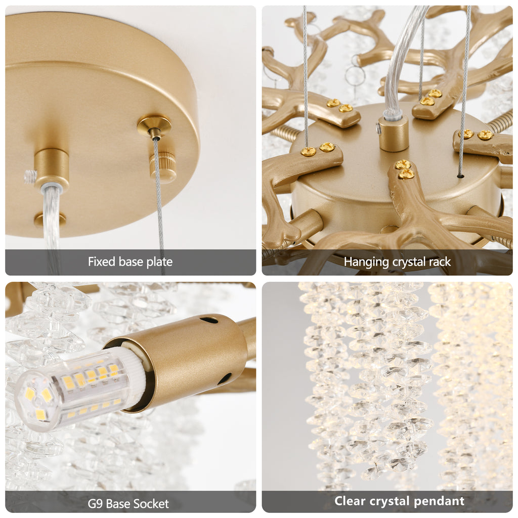 Gold Crystal Pendant Light with Cascading Strands, 24 Inch