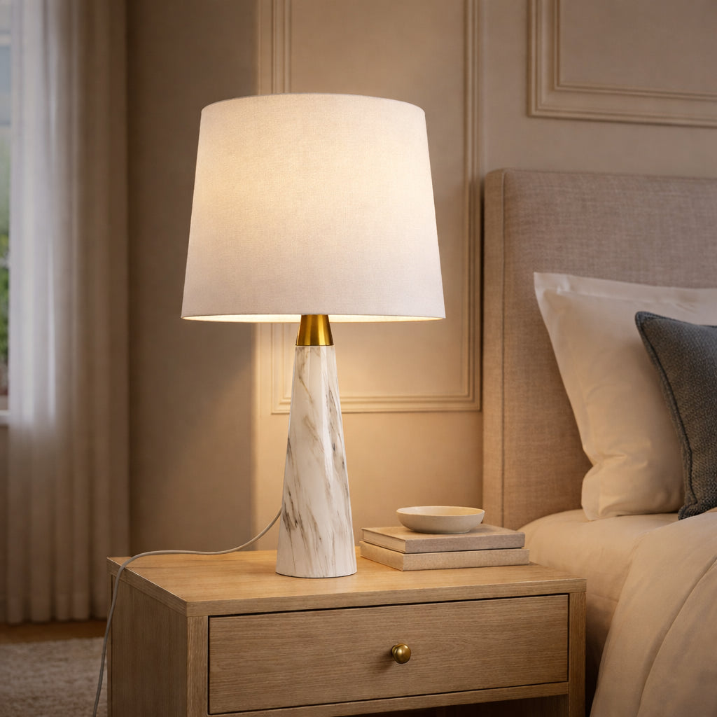 White Faux Marble Table Lamp, On/Off Switch with Fabric Shade, Gold Accent, for Living Room — detail view