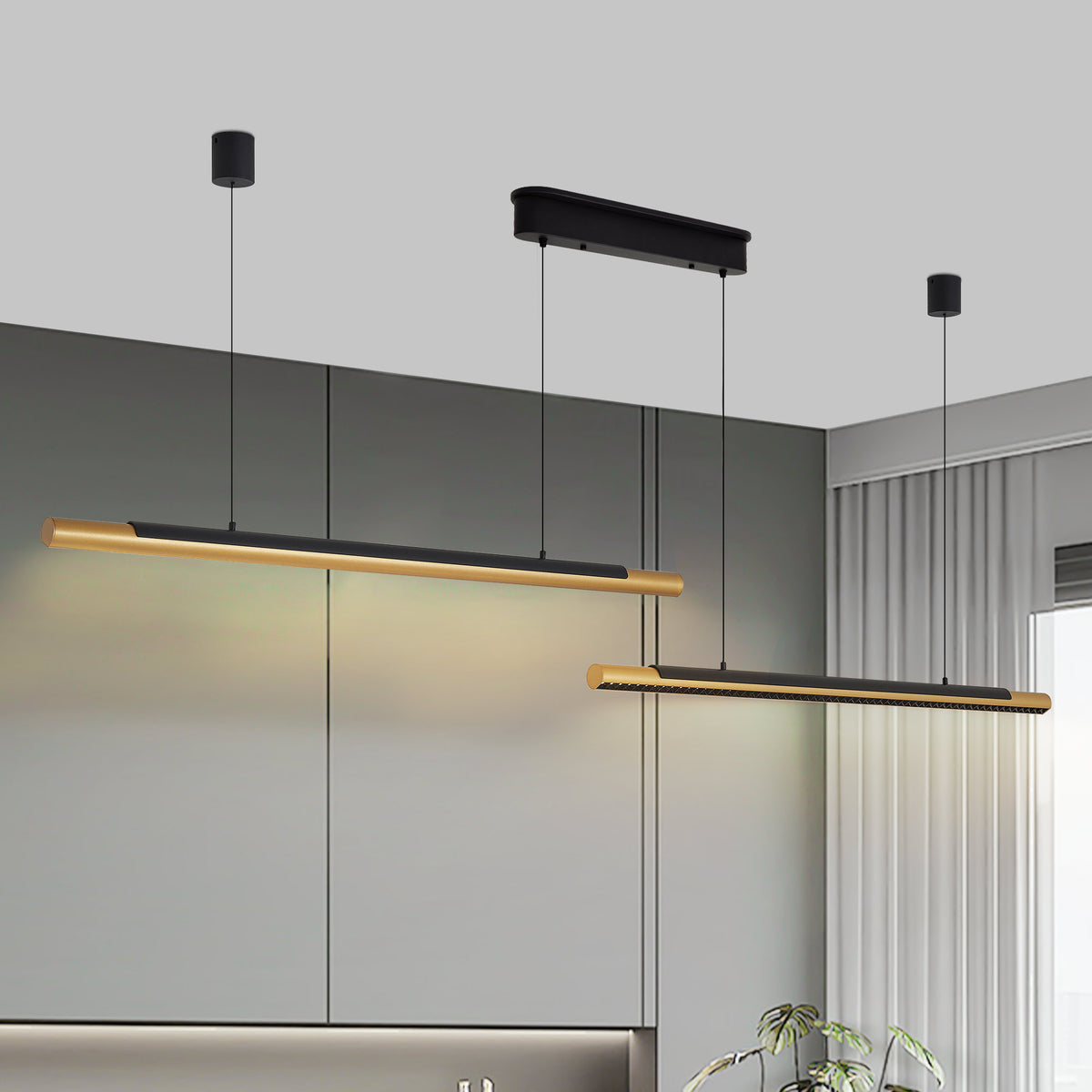Modern LED Pendant Light, Adjustable Hanging, Black & Gold Finish, 75 in. — detail view 2