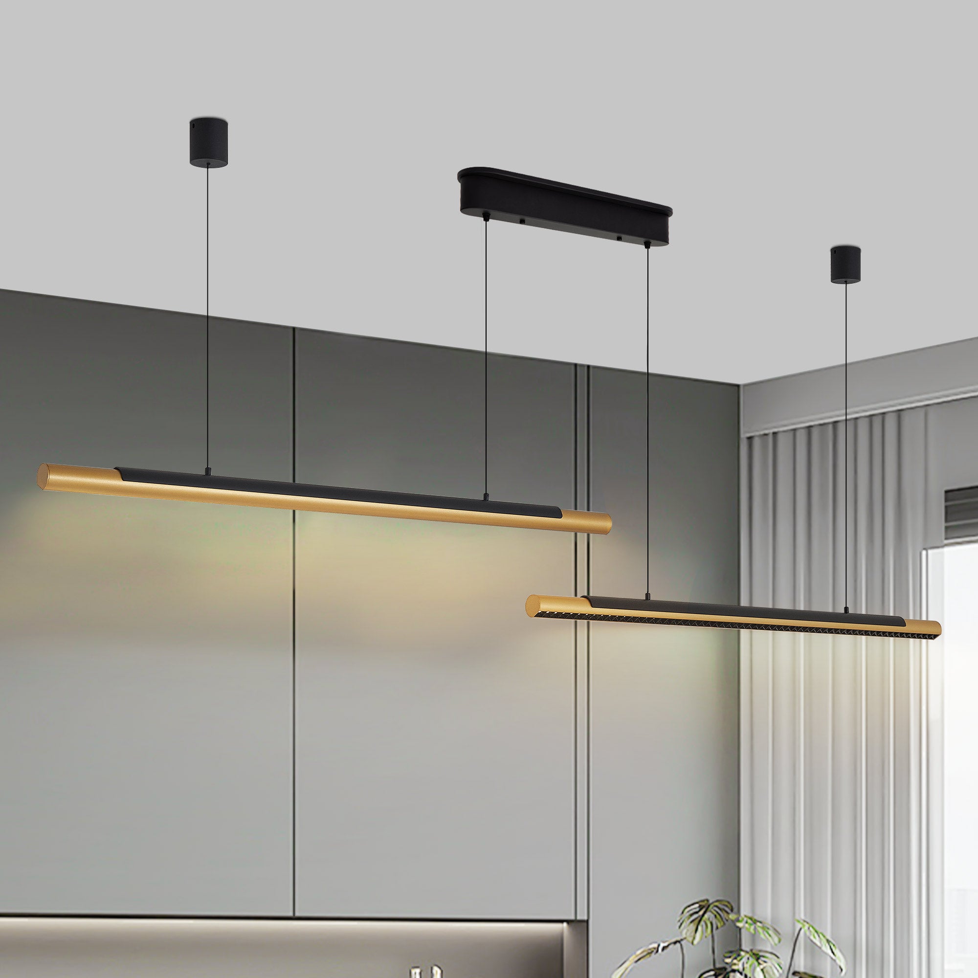 Modern LED Pendant Light, Adjustable Hanging, Black & Gold Finish, 75 in.