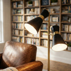 Brass Gold Floor Lamp, 4-Way Switch, Double Spotlights, Metal Base, Black & Gold Finish