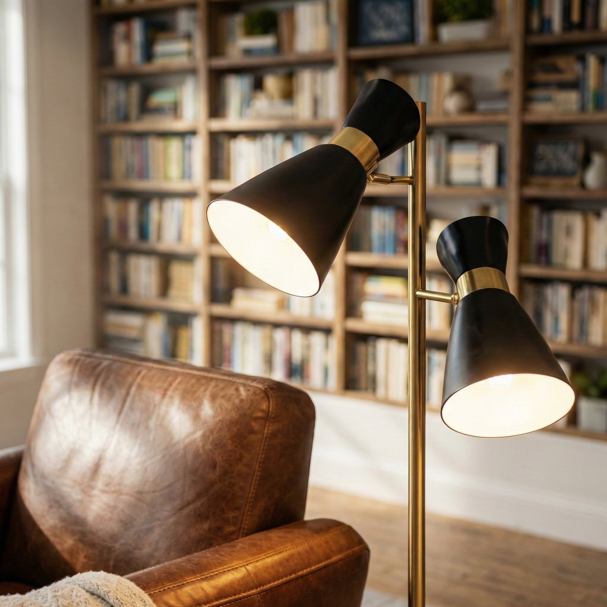 Brass Gold Floor Lamp, 4-Way Switch, Double Spotlights, Metal Base, Black & Gold Finish