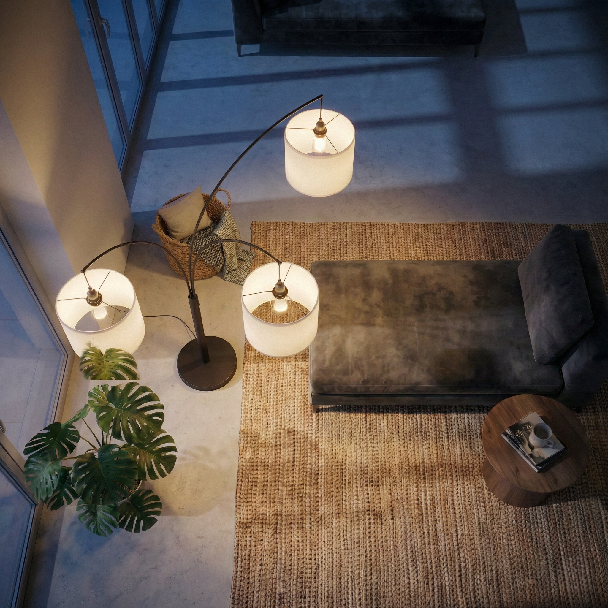 3-Arm Metal Floor Lamp, Linen Shade, 4-Way Rotary Switch, Oil-Rubbed Bronze Finish