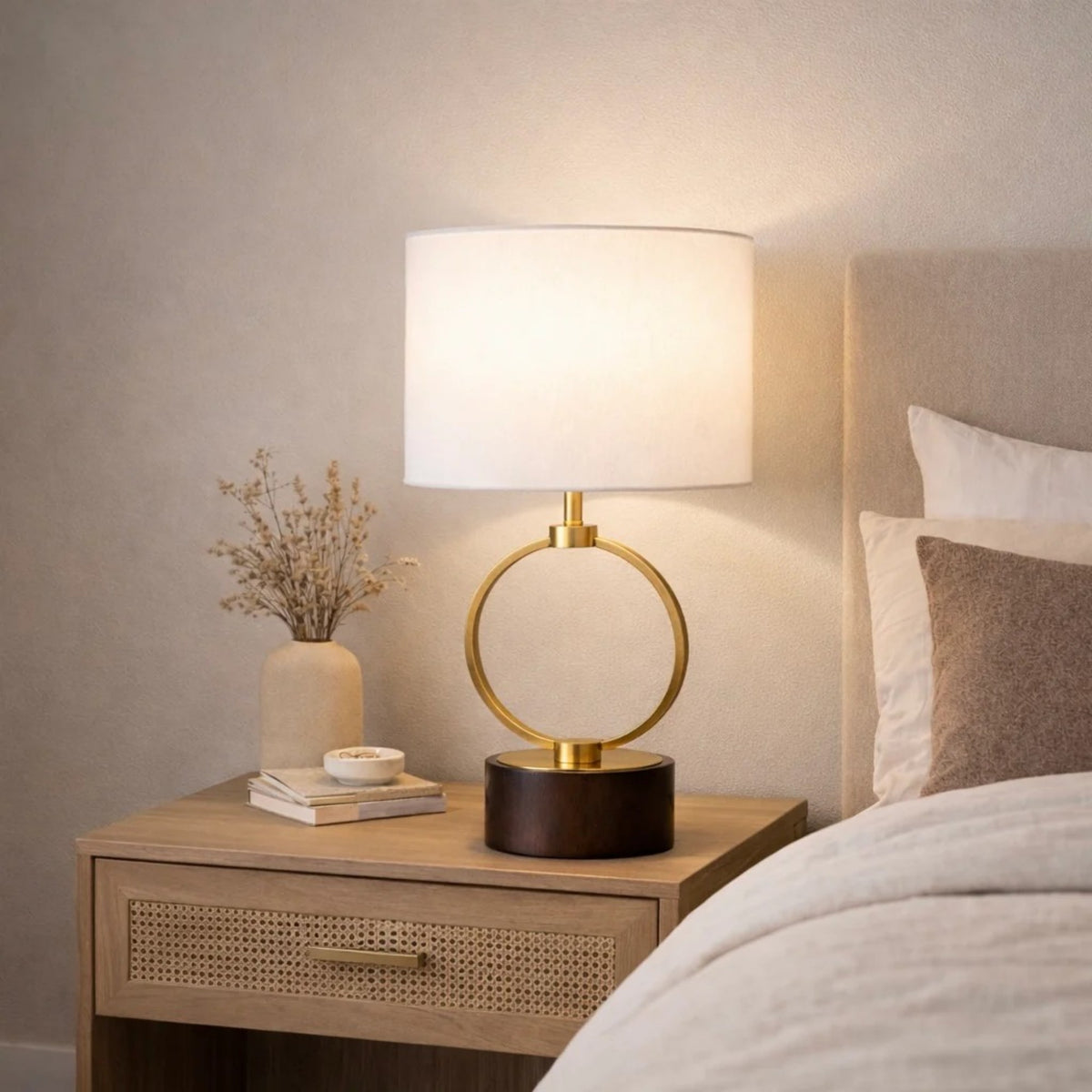 Nordic Grid Metal Table Lamp, Circular Warm Design, White, for Bedroom Nightstand — detail view 2