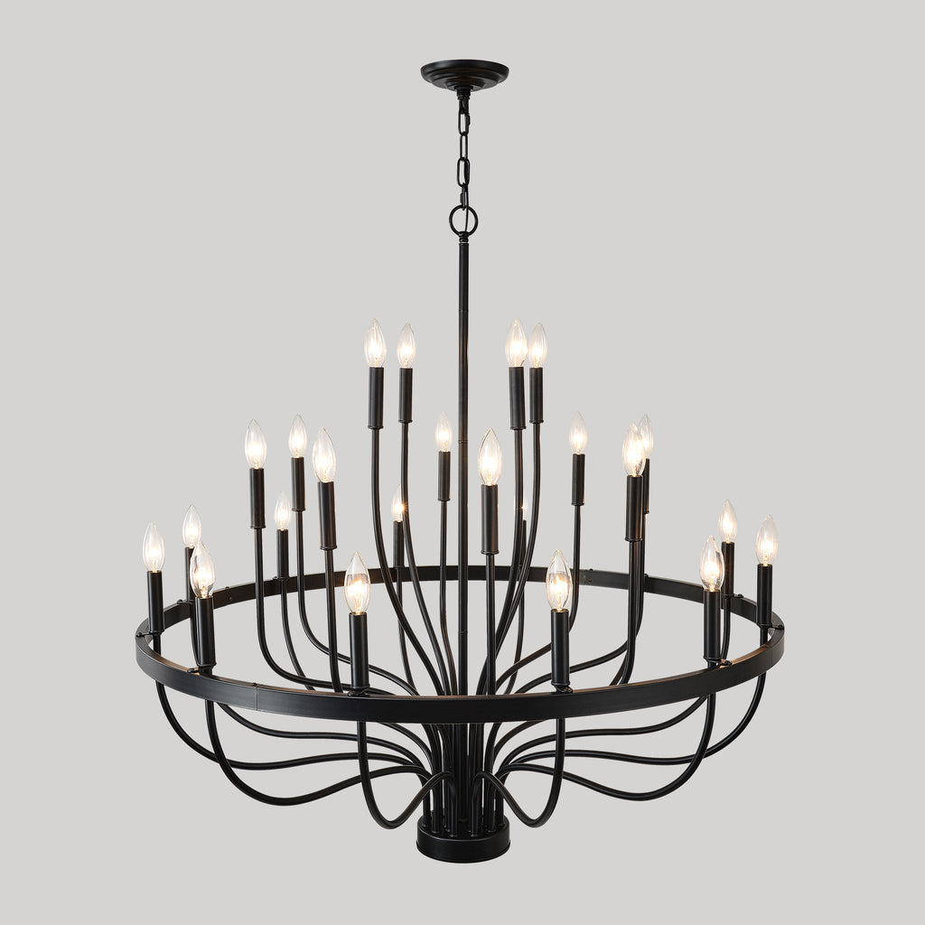 24-Light Iron Candle Chandelier, Matte Black Farmhouse, 39 In. Wide