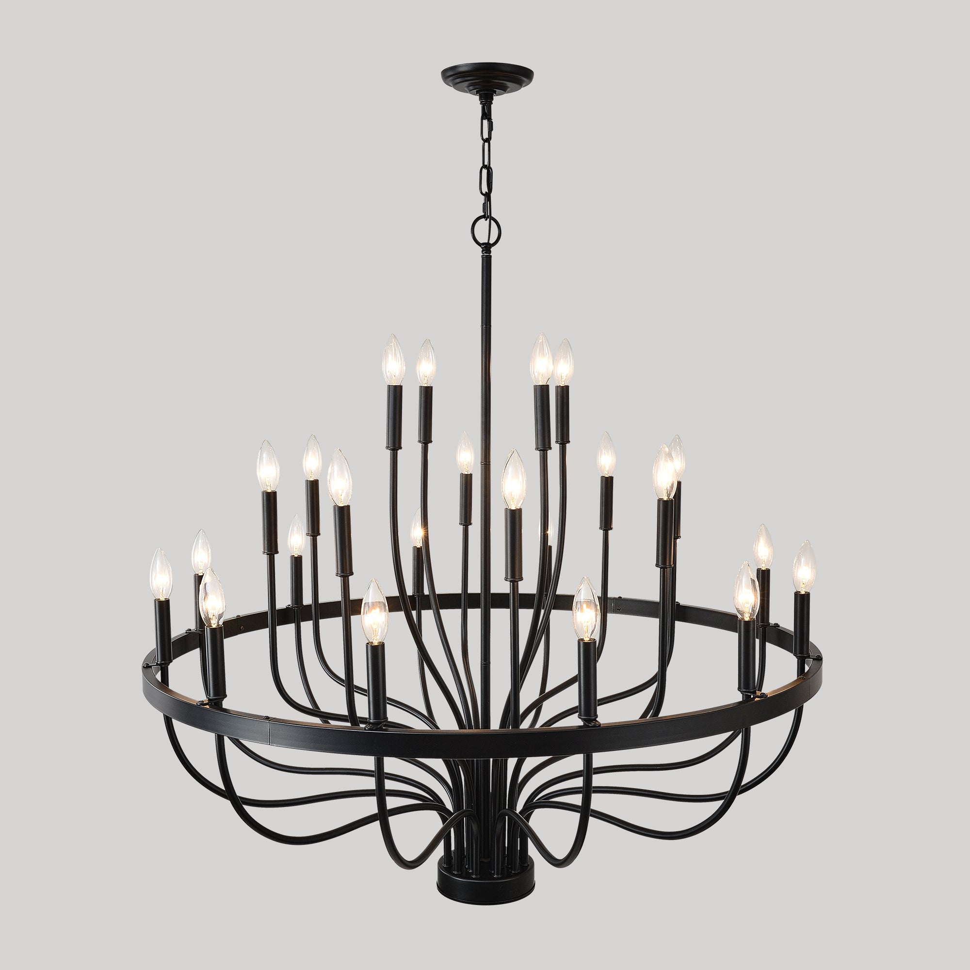 24-Light Iron Candle Chandelier, Matte Black Farmhouse, 39 In. Wide