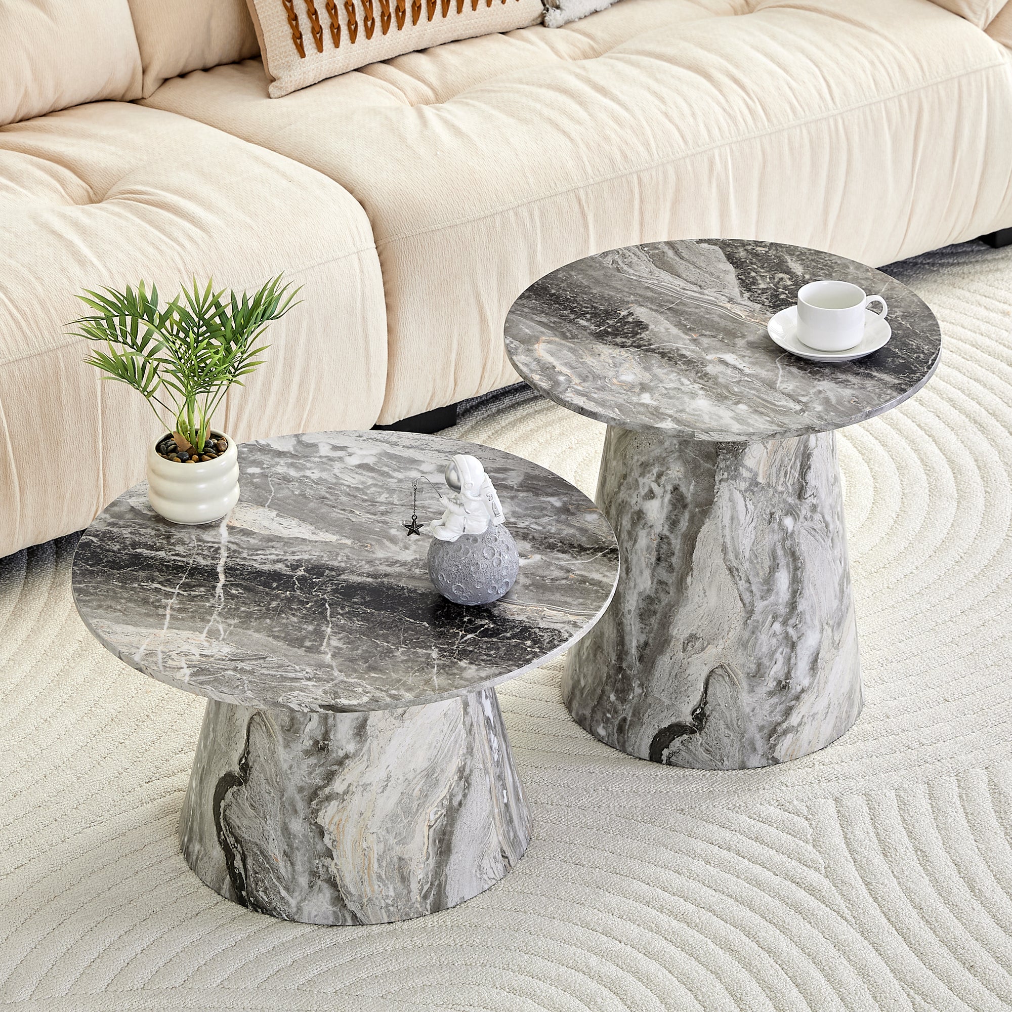 Nested Round Coffee Table Set, Grey Veneer