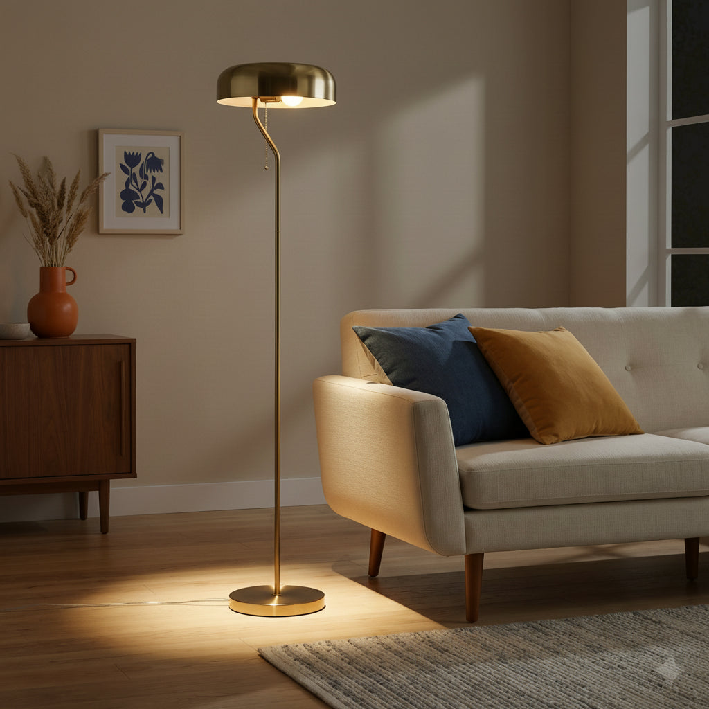 Tall Corner Floor Lamp, Gold Outer & White Inner Shade, Living Room Lighting