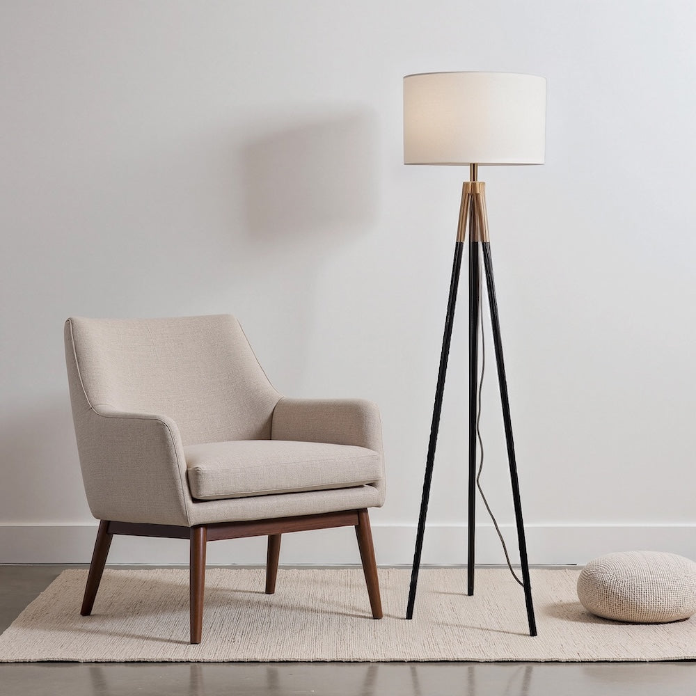 Brass Gold Tripod Floor Lamp, Triple Legs, White Fabric Shade, Black & Gold Finish