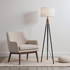Brass Gold Tripod Floor Lamp, Triple Legs, White Fabric Shade, Black & Gold Finish