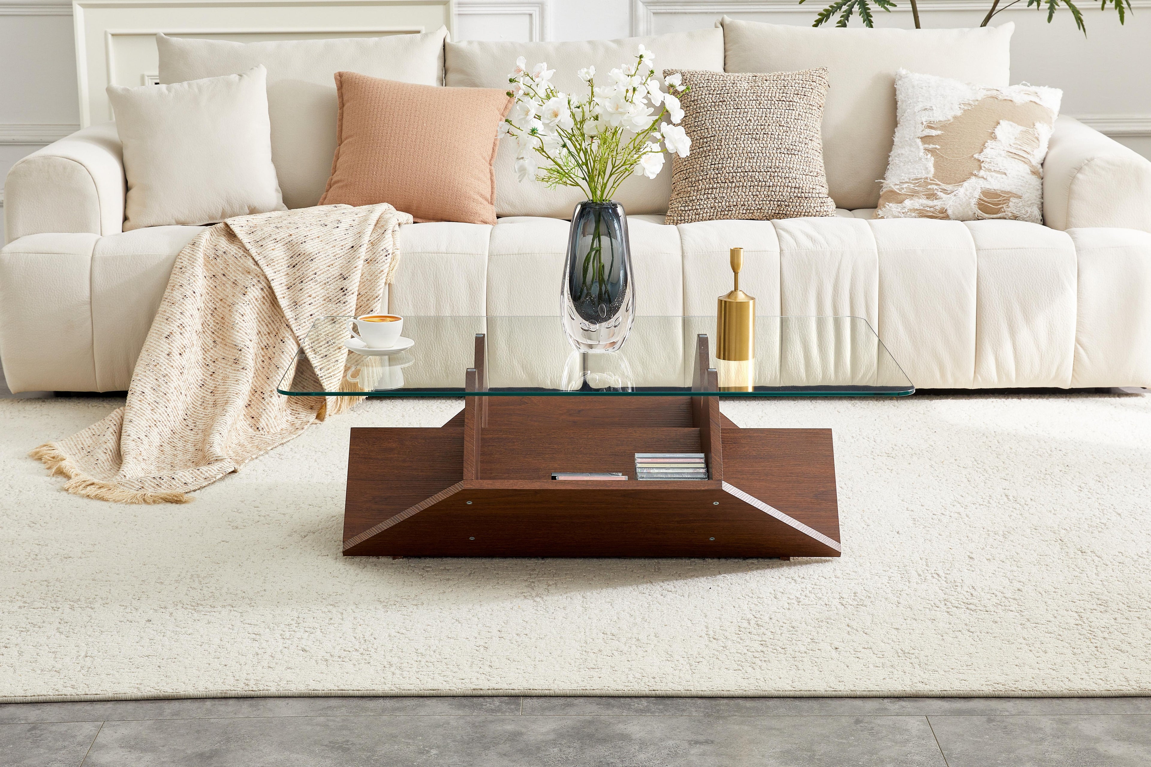 Walnut Multi-Storage Coffee Table with Tempered Glass Top