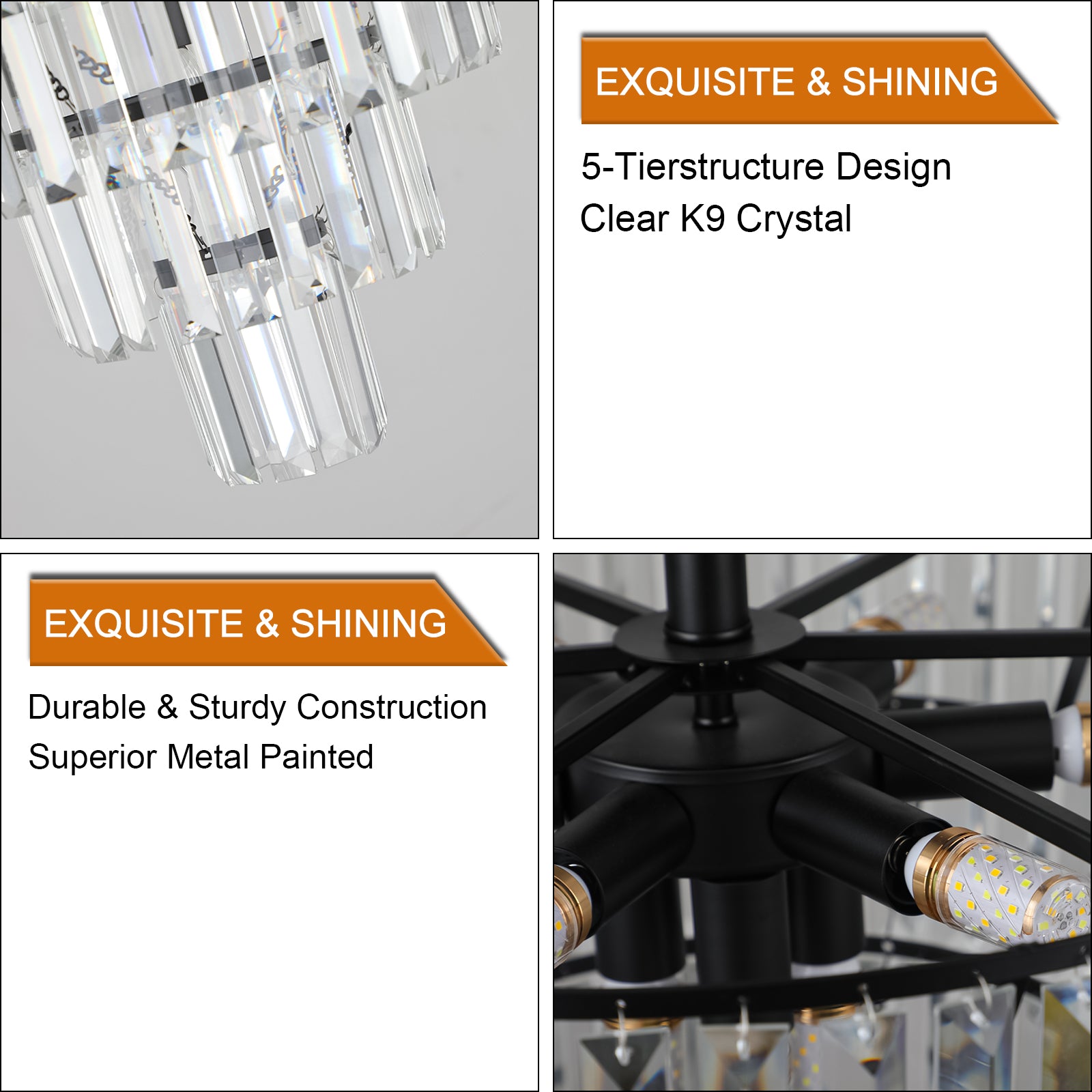 Black K9 Crystal Chandelier, Elegant Ceiling Light Fixture, 20 in.