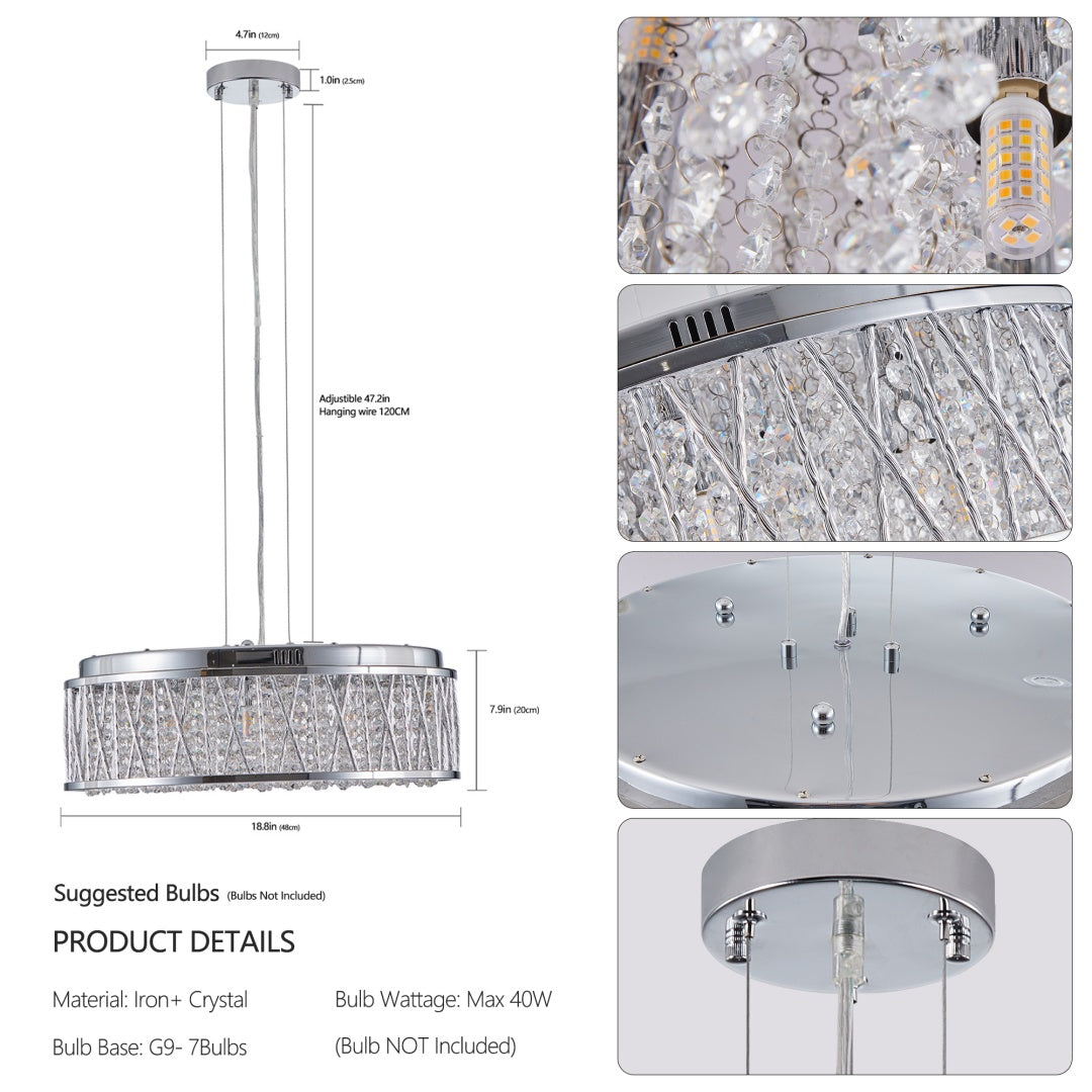 Modern Round Crystal Chandelier, Aluminum & Iron Frame, Chrome Finish, 19 in.