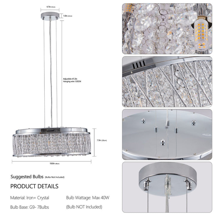 Dimension diagram for Modern Round Crystal Chandelier, Aluminum & Iron Frame, Chrome Finish, 19 in.