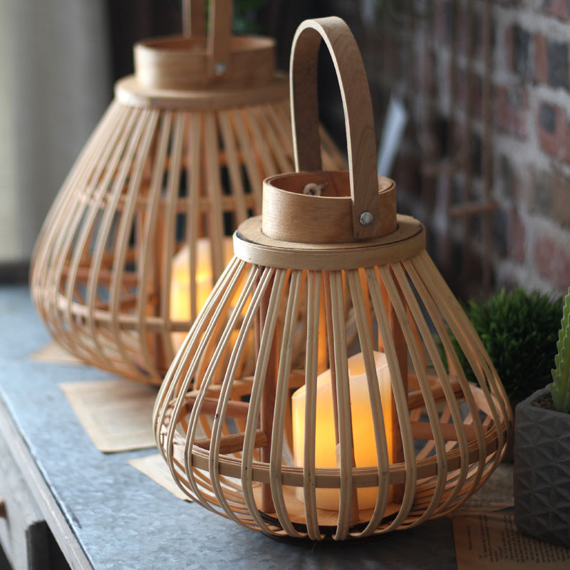 Bamboo lantern candle holder — detail of the bentwood collar, riveted handle and curved slats