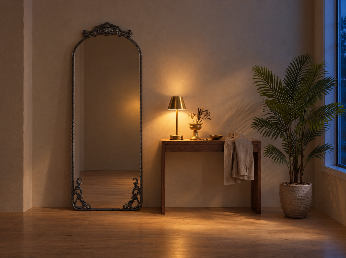 Entryway at dusk with an arched mirror and a lit cordless brass lamp on a walnut console, Birch & Brass