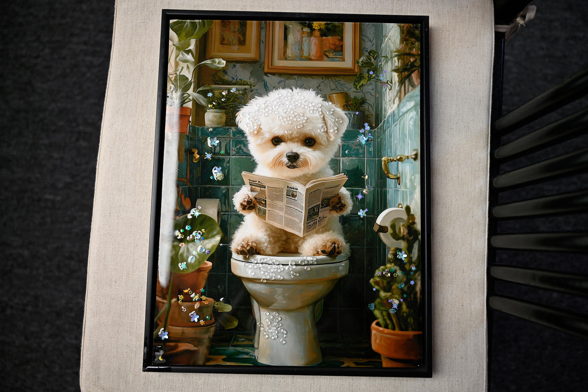 Framed Puppy Canvas Wall Art, Funny 3D Print, Indigo and White, for Bathroom — detail view