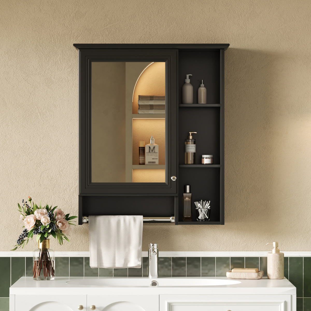 3-in-1 Bathroom Mirror Cabinet, Wall-Mounted Medicine Cabinet with Adjustable Shelf and Towel Bar, Black, 24 in. — detail view