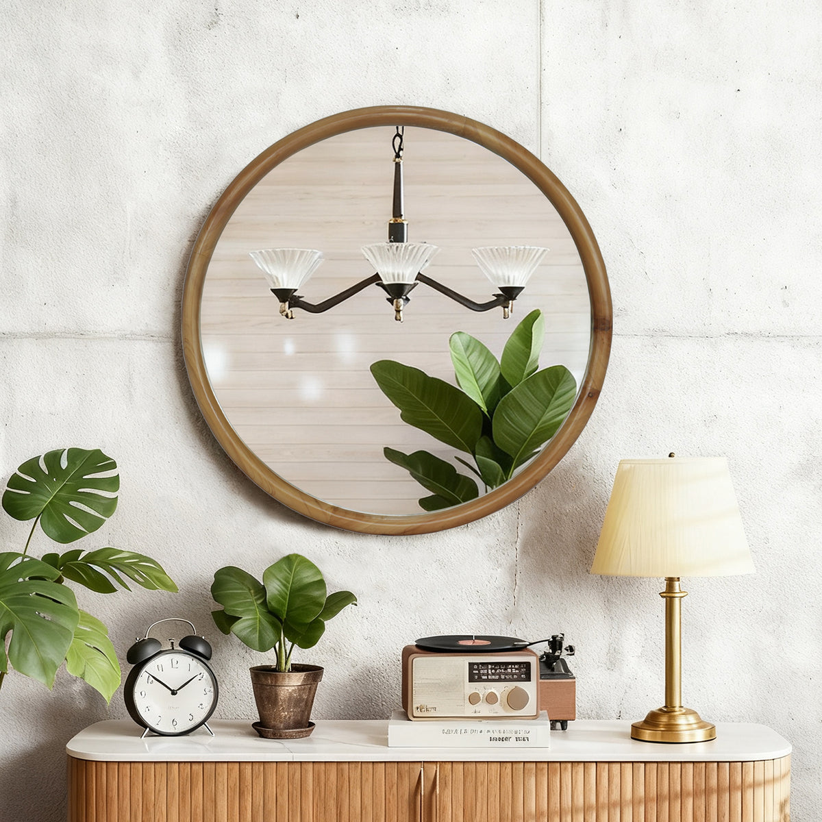 Mid-Century Round Wood-Framed Wall Mirror, Natural Wood Circle Vanity Mirror, 27.6 in. for Bathroom — detail view