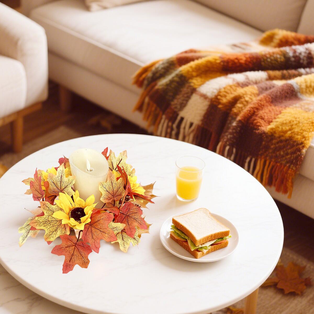 Rustic Rattan Fall Candle Rings, Autumn Wreath Candlestick Decor, 9.8 in., Set of 2 for Dining Table — detail view 2