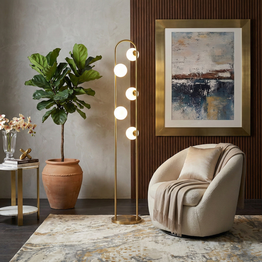 Modern Tall Corner Floor Lamp, White Drum Shade, Gold & White Finish