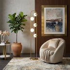 Modern Tall Corner Floor Lamp, White Drum Shade, Gold & White Finish