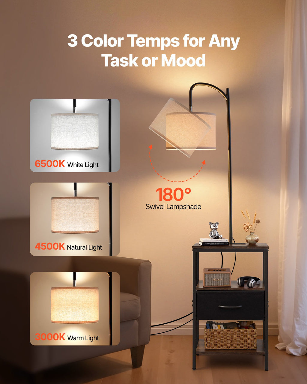 Farmhouse Metal Floor Lamp with End Table, Storage Shelf, Built-In Charging, Black Finish