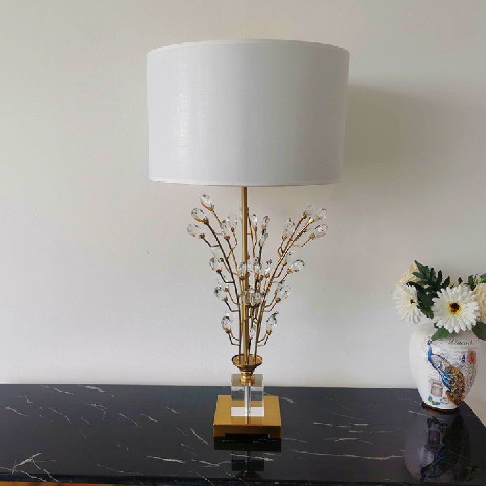 Gold Crystal Branch Table Lamp, White Drum Shade, 30 Inch
