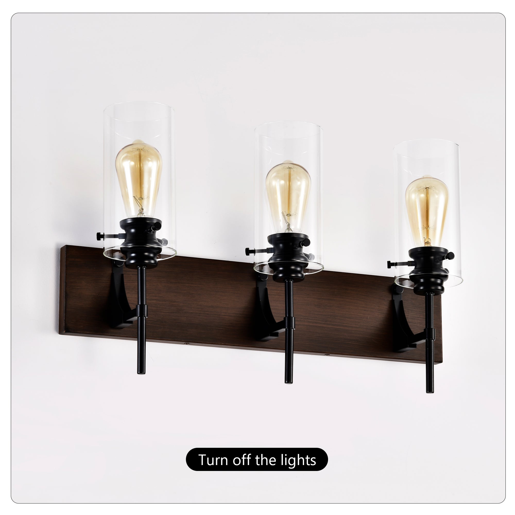 Matte Black & Wood 3-Light Bathroom Vanity Light, Modern Wall Sconce Fixture