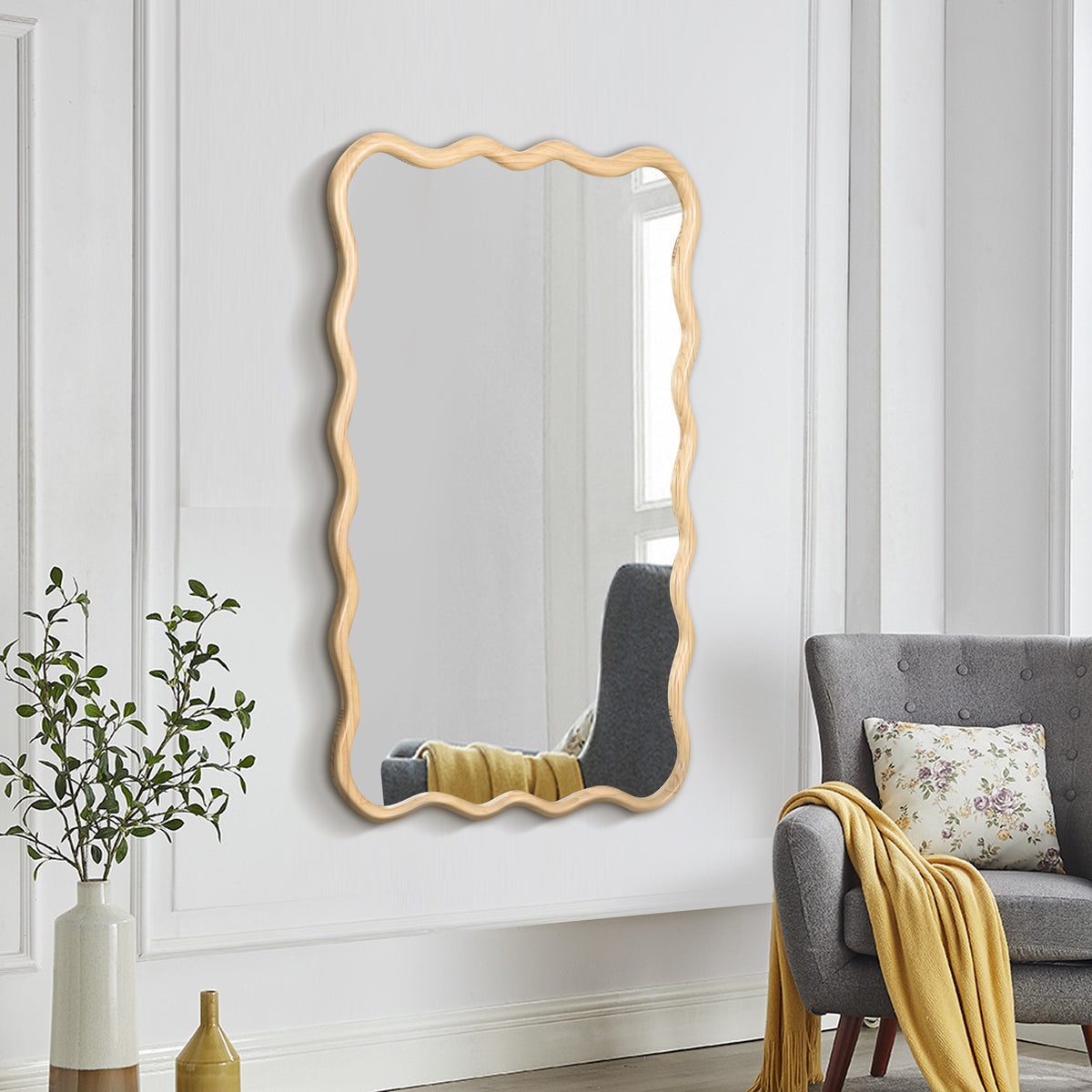 Solid Wood Wavy Rectangle Wall Mirror, 40 x 28 in. Modern, Natural Wood for Entryway — detail view 3