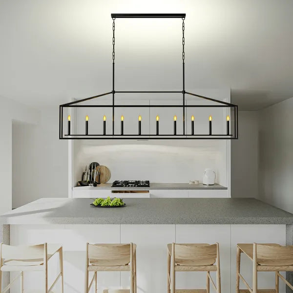 Farmhouse Rectangular 10-Light Linear Chandelier, Matte Black Finish