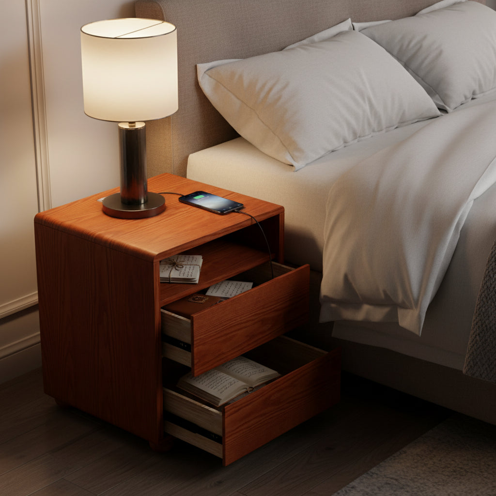Solid Wood Curved Nightstand with Charging Station, Walnut