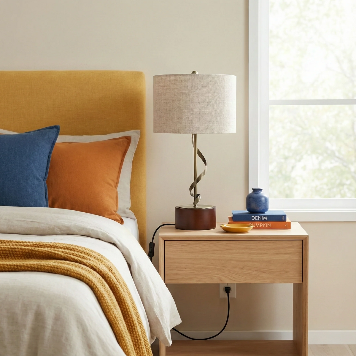 Solid Wood Bedside Nightstand Reading Lamp, White Finish — detail view 2