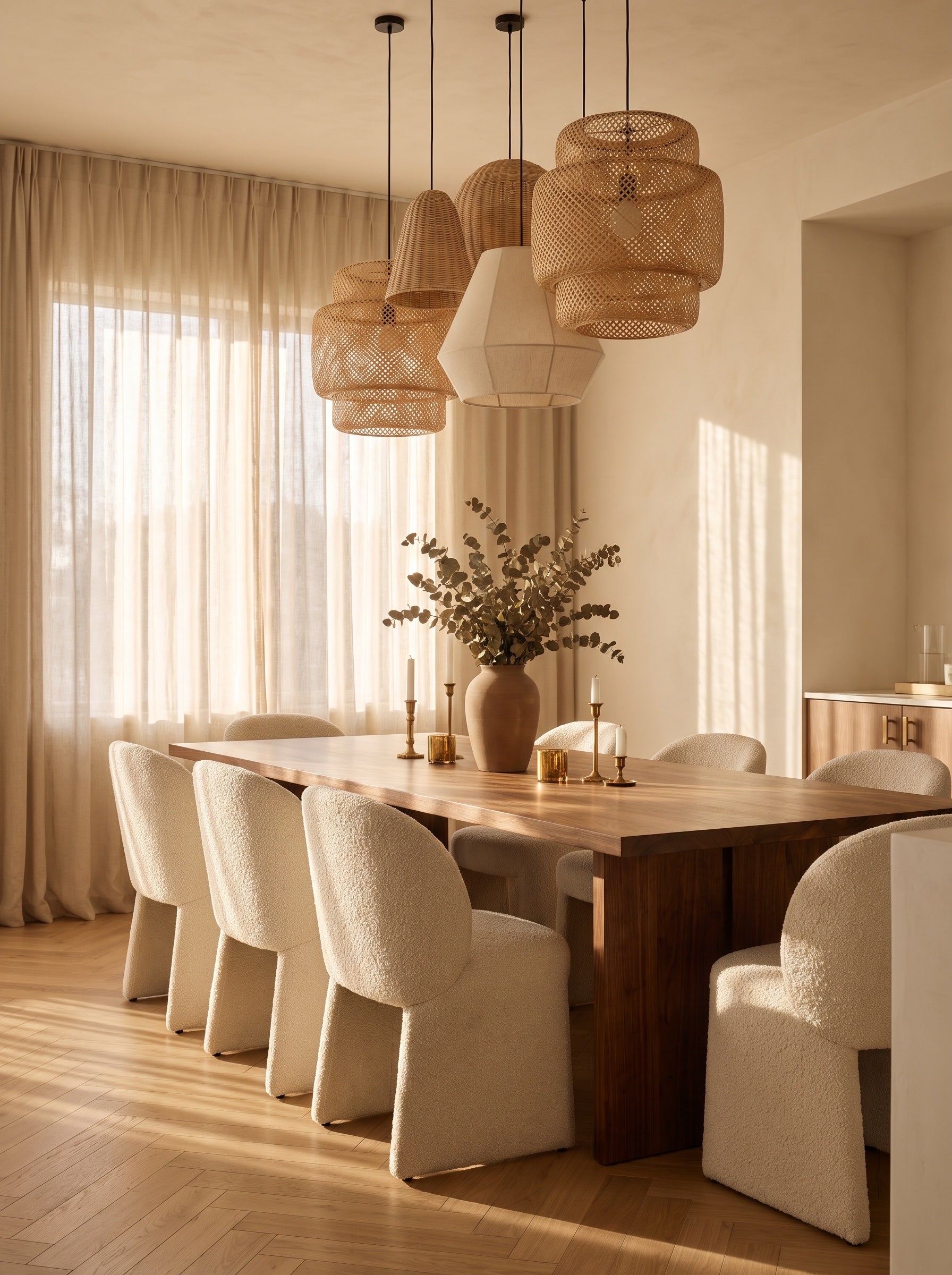 Warm luxurious dining room with woven pendant lighting, Birch & Brass