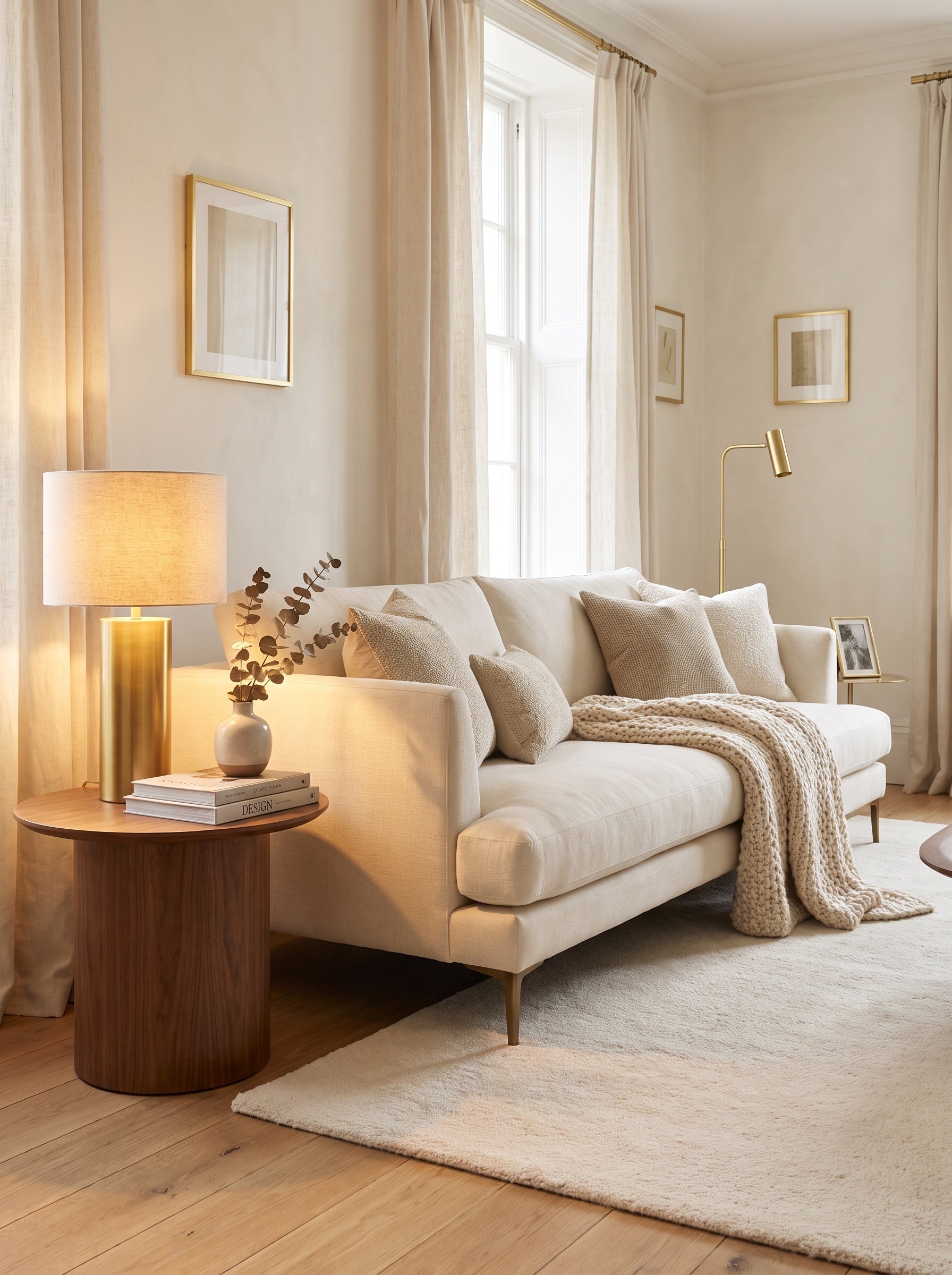 Serene cream living room with warm brass lamp light, Birch & Brass