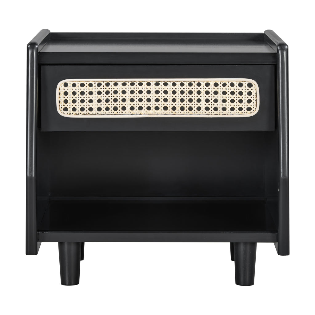 Black nightstand with cane drawer and open shelf, front view on a white background