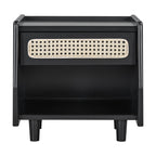 Black nightstand with cane drawer and open shelf, front view on a white background