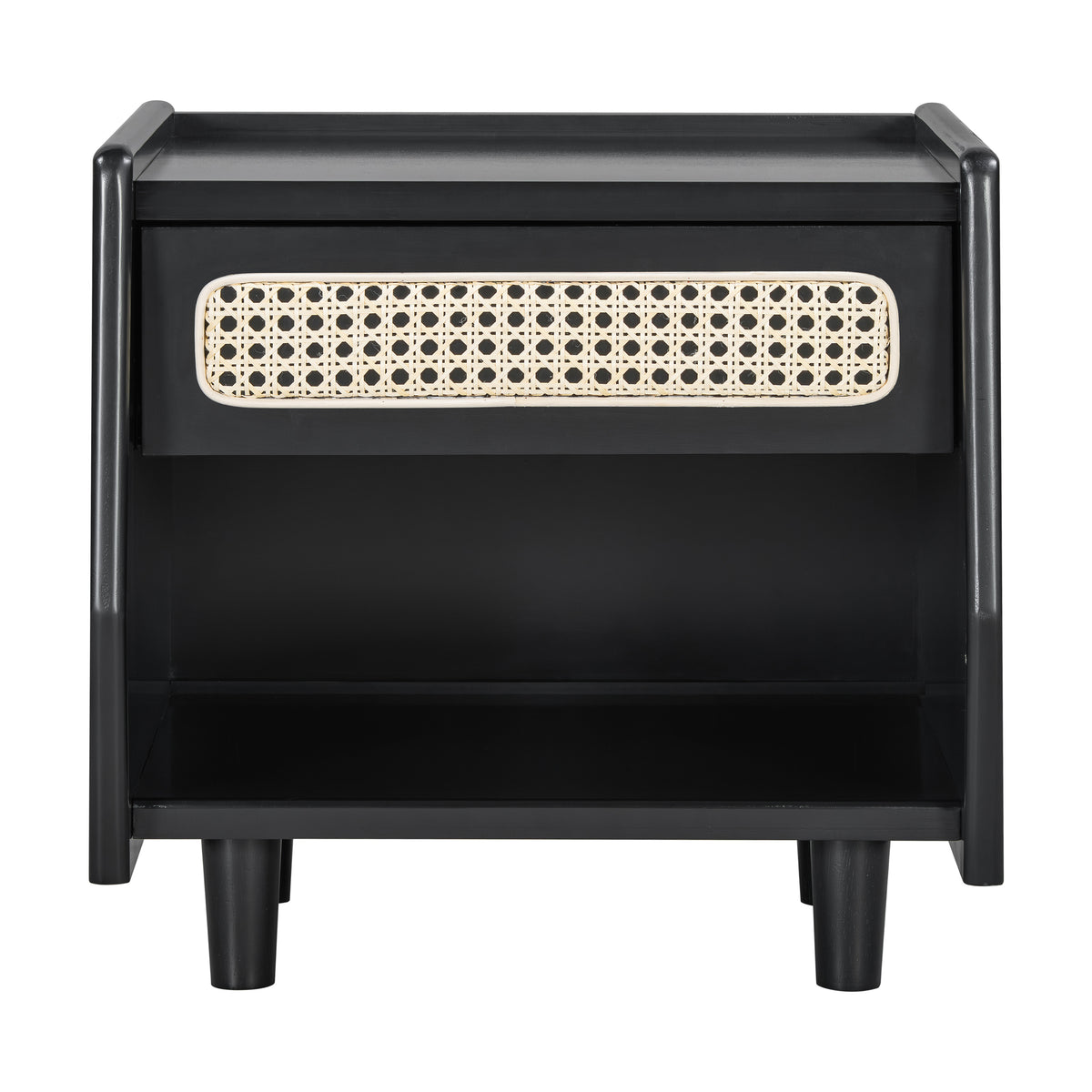Black nightstand with cane drawer and open shelf, front view on a white background