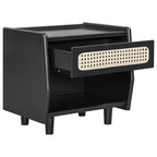 Black nightstand with the cane-front drawer pulled open on a white background