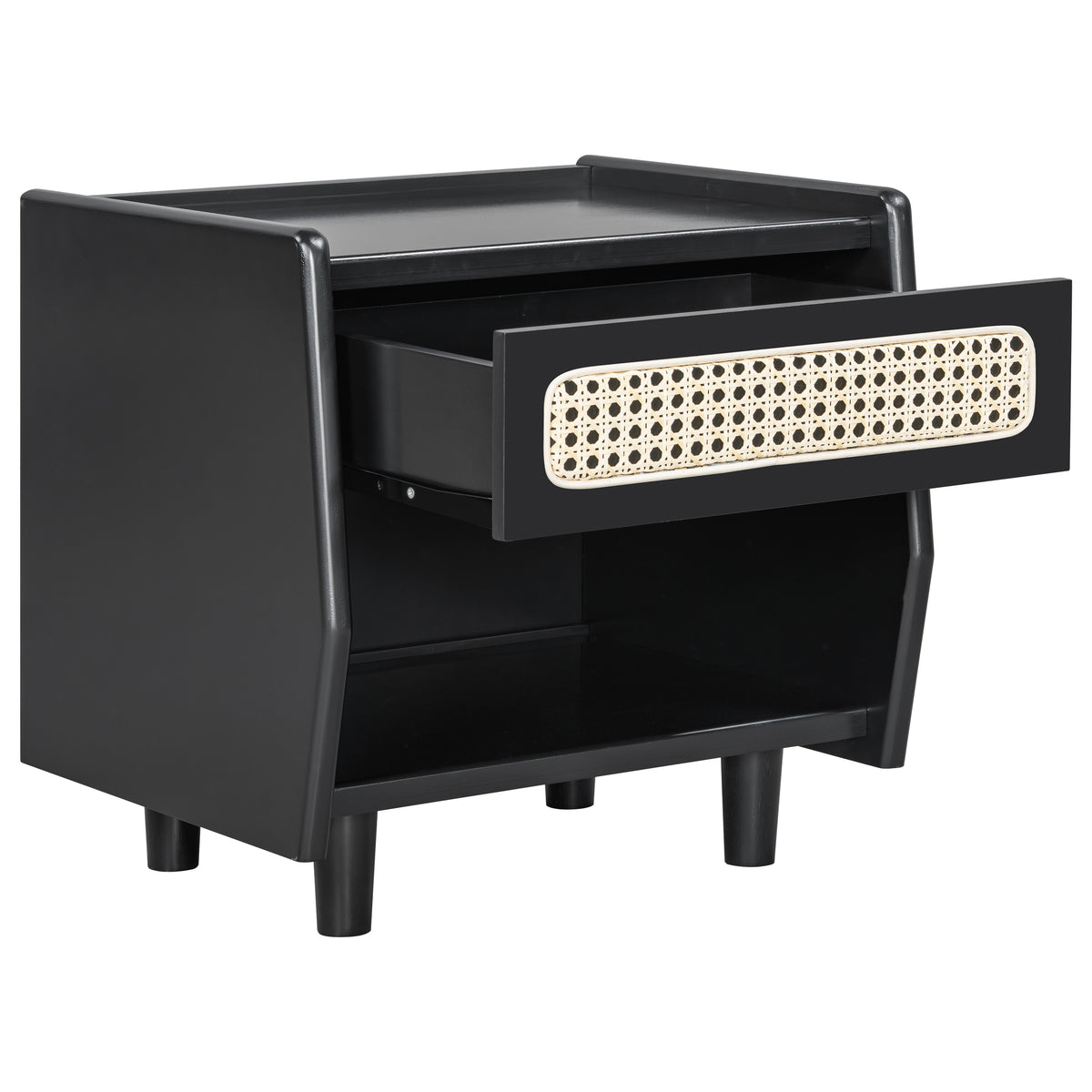 Black nightstand with the cane-front drawer pulled open on a white background