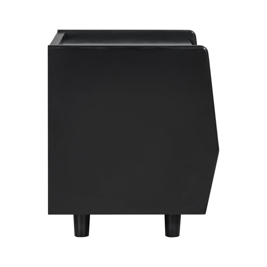 Black nightstand — side profile showing the angled front edge and round legs