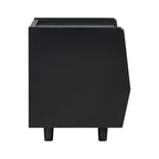 Black nightstand — side profile showing the angled front edge and round legs