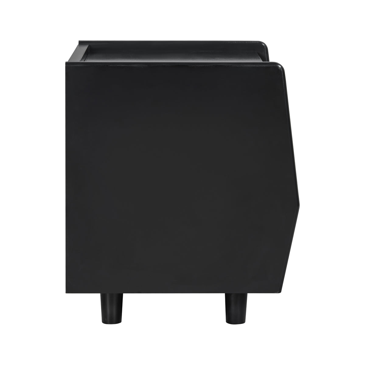 Black nightstand — side profile showing the angled front edge and round legs