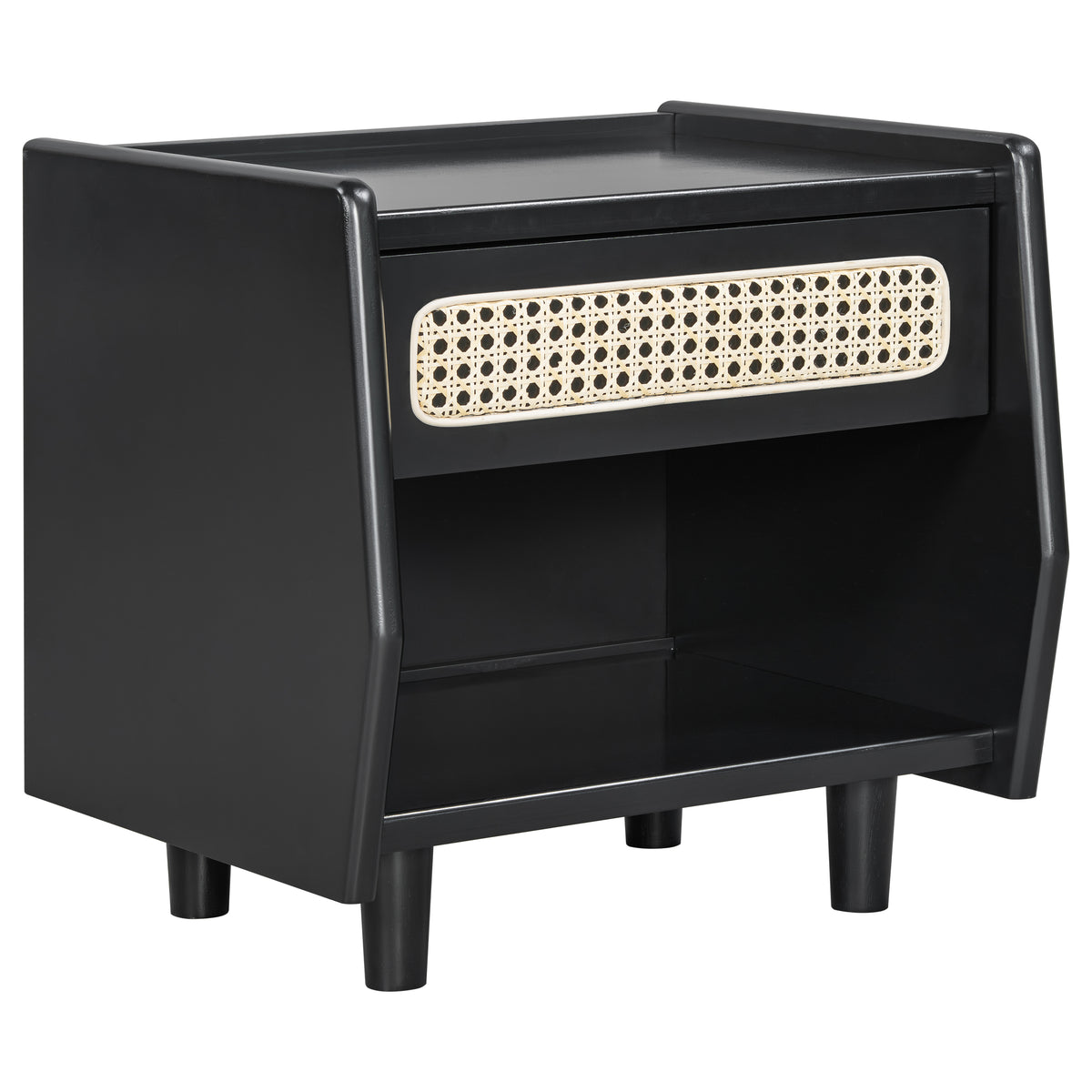 Black nightstand with cane drawer front and open shelf, three-quarter view on a white background